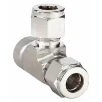 Stainless steel double-ferrule compression tee fitting for branching tubing lines in fluid or gas systems. Compatible with Parker A-LOK fittings. Sizes: 1/4 in OD tube x 1/8 in NPT pipe x 1/4 in OD tube