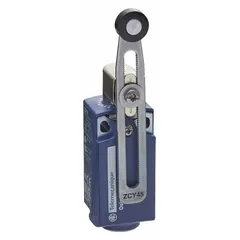 Roller lever-arm limit switch from the XCKP series with a 0.22-inch roller width and maximum operating torque of 0.9 in-lb. Electrical connection is via screw clamp terminals. Used in industrial automation for position detection of moving parts in conveyor systems, packaging machinery, and material handling equipment.