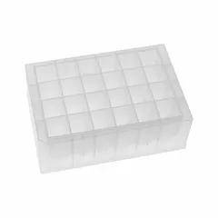 This 24-well plate is made of colorless polystyrene with square wells, each 8.6 mL capacity and 17.5 mm diameter. It is RNase/DNase free and non-sterile, suitable for sample storage, cell culture, and assay workflows in life science laboratories.