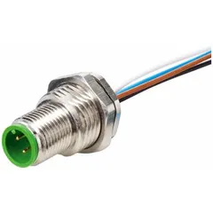 M12 male rear mounting receptacle for signal and low-power applications. Features A-coding, 5 pins, 0.2 m wire lead length, 0.34 sq mm wire size, PP cable jacket. Rated IP67 and NEMA 6P for dust and water ingress protection.