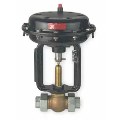 This bronze pneumatic globe valve features a 3/4 in FNPT x FNPT connection and an air-to-spring actuation mode. The stainless steel disc provides corrosion resistance. It is used for modulating control of fluids in industrial piping systems, such as steam, water, and gas applications.