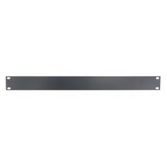 This blank filler panel is designed to cover unused spaces in standard 19-inch equipment racks. Constructed from steel with a black finish, it measures 19 inches wide and 1 3/4 inches tall, occupying one rack unit. It helps manage airflow and maintain a uniform appearance in rack installations.