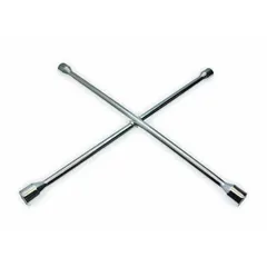 Cross lug wrench with four SAE wrench head sizes: 7/8 in, 15/16 in, 1 in, and 1 1/16 in. Each head features a 6-point, standard-depth socket for use with standard lug nuts on passenger vehicles. Chrome-plated finish resists corrosion. No leverage bar hole included.