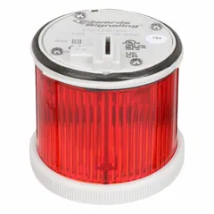 Red steady light module for 200 Class series tower light stacks. Operates at 120V AC with a 70 mm overall diameter and 3 1/8 in overall height. Used in industrial signaling to indicate machine status, alarms, or process conditions.