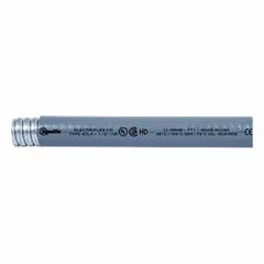 LIQUATITE ATLA Series conduit is a liquid-tight flexible metal conduit designed for extreme temperature environments. It provides protection for wiring in industrial settings such as steel mills, foundries, and cold storage facilities. The conduit is gray with a 1-1/2 in trade size and a nominal length of 25 ft.