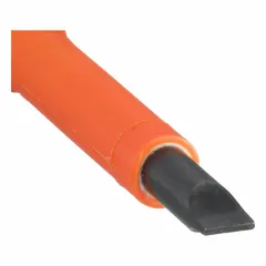 Insulated slotted screwdriver with a 3/16 in tip size and standard length shaft. Features a cushion grip handle and induction hardened steel blade. Suitable for turning slotted screws in electrical panels, terminals, and junction boxes where protection against shock is required.