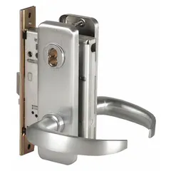 This BEST storeroom lever lockset features a satin chromium-plated stainless steel finish and a 40H escutcheon style. It is ADA compliant with an interchangeable core and ANSI F07 function, allowing free egress from the inside while the outside lever remains locked. Suitable for interior doors requiring key-locked access, such as storage rooms or utility closets.