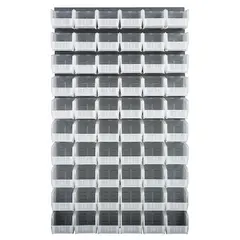 This wall-mount louvered panel measures 61 in x 36 in x 1 in and features a gray powder-coated finish. It includes 60 clear hang-and-stack bins for organizing small parts. Suitable for workshops, warehouses, and assembly lines.