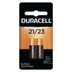 The DURACELL MN21 is a 21/23 size alkaline battery delivering 12V DC with a 60 mAh capacity. Sold in a 2-pack, this compact power source is suited for small electronic devices such as keyless entry remotes, garage door openers, medical monitors, and security sensors.
