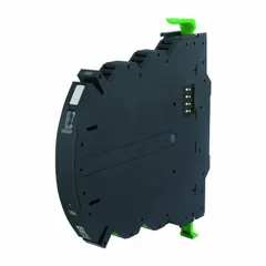 Single-channel electronic circuit protector module with adjustable overcurrent protection up to 2 A. Accepts 24V DC input and provides 24V DC output through six connections. Used to safeguard control circuits in industrial automation and panel building applications.