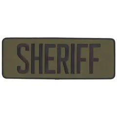 Embroidered insignia featuring a Sheriff design. Measures 11 inches by 4 inches. Constructed from a polyester/rayon blend in black and olive with a back finish. Suitable for attachment to uniforms, tactical gear, or accessories for identification or display.