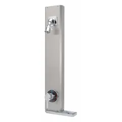 This ZURN shower faucet panel includes a fixed showerhead and is designed for wall-mount installation in commercial or industrial restrooms and locker rooms. Overall height is 32 inches and overall width is 6 inches, providing a compact solution for new construction or retrofit projects.