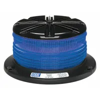 Blue LED vehicle flashing beacon with round shape, 3 1/8 in overall height, and 8 selectable flash patterns. Operates on 12-36V DC and is SAE Class 2 rated. Includes mounting hardware, bolt mount, and blunt cut wires for electrical connection. Suitable for warning and visibility on fleet vehicles, construction equipment, and utility trucks