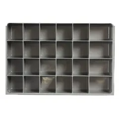 Gray insert for small compartmented boxes, with 24 fixed compartments each measuring 2-13/64 in x 1-15/16 in. Designed to fit DURHAM MFG model 226-95 boxes. Used for organizing small parts such as fasteners or components in workshop and industrial storage applications.