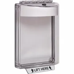White polycarbonate guard for indoor intercom stations. Features a 'LIFT HERE' legend, IP56 water resistance, and includes mounting hardware for flush wall mounting. Helps protect the device against vandalism and accidental damage.