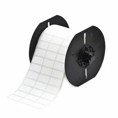 Thermal transfer precut label roll measuring 1/2 in x 1 in. Features a rubber aggressive permanent adhesive for bonding to various surfaces. Compatible with BBP33 printer series. Suitable for industrial labeling, asset identification, and cable marking.