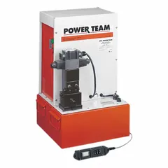 This stationary electric hydraulic pump unit delivers a maximum operating pressure of 10,000 psi and a maximum flow rate of 730 cu in/min. It features a 4-way valve and a Hold function for maintaining pressure. Suitable for powering hydraulic cylinders, presses, and tools in industrial applications requiring consistent high-pressure output.