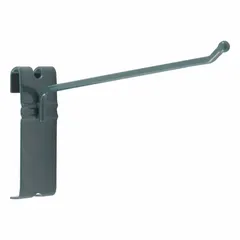 This steel hook is designed for use with wire grid panels in storage and organization systems. It features an epoxy-coated green finish and a 50 lb load capacity. Typical applications include hanging tools, utensils, or light equipment to maximize vertical space.