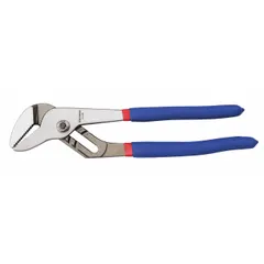 These flat-jaw tongue and groove pliers feature a groove-joint design for quick adjustment to various workpiece sizes. With a 10 1/4 in overall length and 1 1/4 in max jaw opening, they are suited for gripping and turning fasteners or pipes within capacity. Commonly used in plumbing, mechanical, and general maintenance tasks.