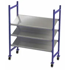 This tilted solid-deck bolted mobile flow rack features three steel shelves measuring 60 in x 28 in x 72 in. The steel decking supports gravity-fed part presentation, commonly used in lean manufacturing and assembly operations to improve pick efficiency.