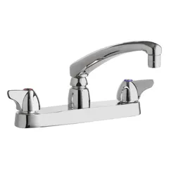 Cast brass construction with a low arc spout. Widespread deck-mount design requires two mounting holes. Operated by a lever handle. Suitable for kitchen sinks in commercial or residential settings.