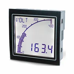 DC current digital panel meter with 0.1% accuracy and a 9,999 display span. Features a red LCD screen with graph display, RS-485 interface, and internal removable terminal blocks. Housed in a NEMA 4-rated enclosure, includes mounting brackets. Operates on 12 VAC to 24 VAC input. Suitable for industrial control panels and power monitoring systems requiring precise DC current measurement.