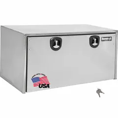 This single drop-down door box is designed for underbody mounting on trucks, providing secure storage for tools and equipment. It features a keyed lock and is finished in silver. With an 18-inch overall depth, it offers ample space for organized storage in fleet and vehicle maintenance applications.