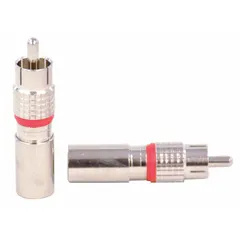 Male RCA coaxial connector with nickel-plated silver finish and gold center conductor. Compression termination for RG-6 cable. Suitable for audio/video signal connections in home entertainment or surveillance systems. Sold in a 10-pack.