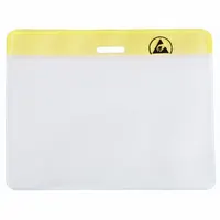 Horizontal badge holder with a yellow background for high visibility. Pouch width 3-5/8 in, height 2-3/8 in, overall height 2-3/8 in. Suitable for displaying ID badges, access cards, or security passes in industrial or facility settings