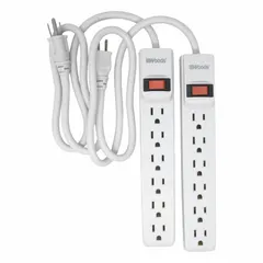 General purpose surge protector with 6 outlets, 2 1/2 ft cord, 280 J energy rating, and 15 A current. Features a 5-15P plug and non-mounting white design. Suitable for protecting electronics from voltage spikes in home or office settings.