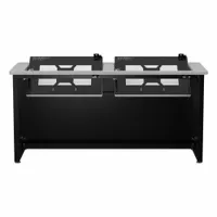 This computer desk features a Gray Matrix metal desktop and a black steel frame, with an overall width of 60 inches and height of 29 inches. It includes a modesty panel for a clean appearance and is supplied as a kit for assembly. Suitable for office or home workstation setups