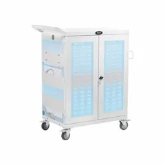 This charging cart from TRIPP LITE provides 32 outlets for simultaneous charging of laptops, tablets, or other devices. The white unit stands 36 1/8 inches tall and is suited for centralized device storage and charging in educational or office environments.