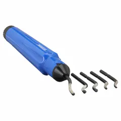 Hand deburring tool set with a handle that stores blades. Includes blades with trade numbers E100, E101, E102, E200, and E350. Used for removing burrs and sharp edges from metal, plastic, and other materials after cutting or machining.