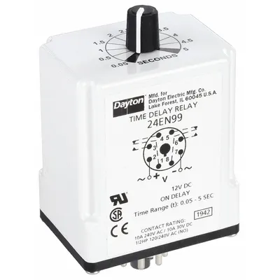Dayton Single Function Time Delay Relay: Socket Mounted, 12V DC, 10 A, 8 Pins/Terminals - Socket-Mounted Relays
