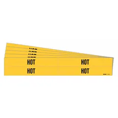 Yellow adhesive pipe marker with black legend reading 'Hot', designed for pipes with outer diameters from 3/4 to 2-3/8 inches. Each pack contains 4 markers without directional arrows. Used to identify pipes carrying hot contents in industrial facilities.