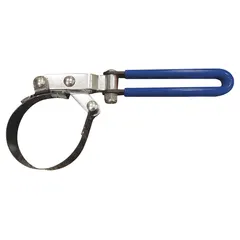 This oil filter strap wrench features an iron body and a flexible alloy steel strap with a 1 1/16 in width. The strap wraps around oil filters for a secure grip, while the iron frame provides leverage for removal. Suitable for automotive and equipment maintenance tasks.