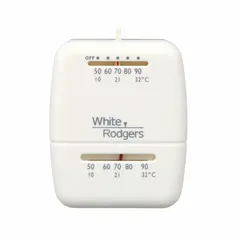 Analog thermostat for cool-only applications. Slide switch control with Y terminal designation. Operates at 30V AC with a temperature range of 50° to 90°F and a 4°F cooling differential. Rectangular shape, vertical mounting, no fan setting.