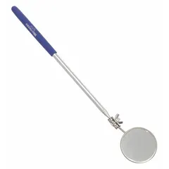 Standard inspection mirror with a 2 1/4 in diameter round glass mirror and plastic handle. Used for visual access in confined or hard-to-reach areas such as behind machinery, under dashboards, or inside ducts.