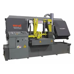 This non-mitering automatic horizontal band saw operates on 230V AC, 3-phase power. It accommodates workpieces up to 22 in x 24-1/2 in at a fixed 0° angle, with blade speeds adjustable from 60 to 300 SFPM. Typical applications include cutting metal stock in fabrication and manufacturing settings.