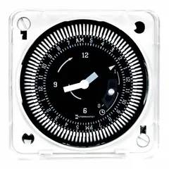 Panel cover-mounted electromechanical timer switch with a 24-hour cycle and SPDT switching. Operates on 120V AC and supports up to 48 on/off cycles per day via mechanical mechanism. Suitable for scheduling lighting, HVAC, and process equipment in industrial environments.
