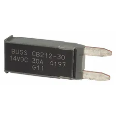 Plug-in mount circuit breaker for overcurrent protection in 14V DC automotive electrical systems. Type II footprint design with blade terminal connection. Rated 225 A interrupt at 14V DC. Suitable for vehicles, trucks, and heavy equipment wiring protection.