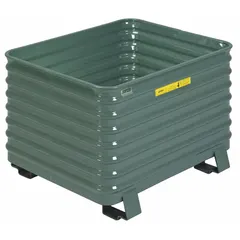 STEEL KING Bulk Container: 26.7 cu ft, 41 1/2 in x 49 1/2 in x 28 1/2 in, Lid Not Included, Green (MPN RCCM404824VG). Key specifications — Brand: STEEL KING; Stackable: Stacking Capable; Shape: Rectangular; Runner Location: None; Fork Entry: 4-Way Entry; Container Wall Type: Solid; Mobility: Stationary; Collapsible: Collapsible.