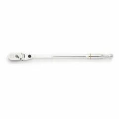This 19-inch flex-head ratchet features a reversible pear-head design with a full polish chrome finish. The 3° minimum arc swing enables operation in confined spaces. Suitable for tightening and loosening fasteners in automotive, industrial, and mechanical applications.
