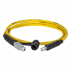 Thermoplastic hydraulic hose assembly with 3/8 in NPTF male x C604 female swivel fittings, 10 ft length. Designed for abrasion resistance in hydraulic systems. Suitable for connecting pumps, cylinders, and tools in industrial maintenance and construction applications.