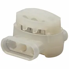 White 3-port insulation displacement connector for splicing solid or stranded copper wires without stripping. Accepts 22 AWG to 14 AWG conductors. Rated 1000 V. Suitable for junction boxes, lighting, and control circuits.