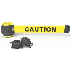 This magnetic-mount retractable belt barrier features a 30 ft yellow belt with caution messaging, housed in a black base. The magnetic mount enables quick installation on ferrous surfaces. It is used for crowd control and area delineation in industrial environments.