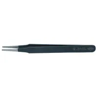 ESD-safe tweezers with a round, straight tip and 0.3 mm tip thickness. Constructed from stainless steel with a smooth surface finish. Suitable for precision handling of small components in electronics assembly, laboratory work, and industrial manufacturing