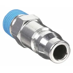 This steel quick-connect air coupling plug is designed for high-flow pneumatic systems. It features a 1/2"-14 MNPT thread and a 1/2" hose fitting size. The plug does not include a valve. Typical applications include connecting air tools and hoses in industrial pneumatic lines.