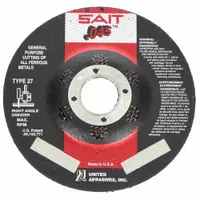 This 6-inch diameter, 0.045-inch thick cut-off wheel features a depressed center (Type 27) design for flush cutting and grinding in confined spaces. Constructed with aluminum oxide abrasive and 60 grit, it is suited for general purpose cutting of carbon and stainless steel in fabrication, maintenance, and metalworking tasks