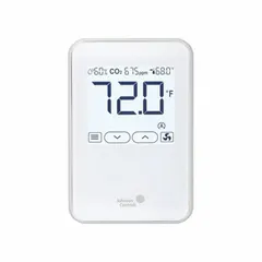 Surface-mount digital sensor with plastic standard housing, measuring temperature from 32°F to 104°F (±1.00°F accuracy) and relative humidity from 10% to 80% (±2% of full scale). Includes onboard passive infrared (PIR) occupancy sensor and digital display. Connects via screw terminals and supports BACnet MS/TP protocol for building automation systems.